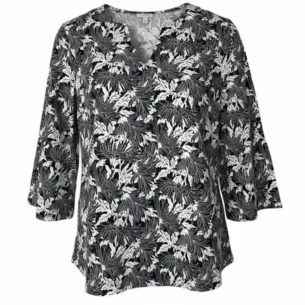 Talbots Black White Floral 3/4 Sleeve V Neck Blouse Top Women Size S‎